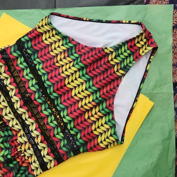 Reggae Style, Red, Green, Black, Gold V-Neck 1 Piece Swimsuit - Picture 2 of 9